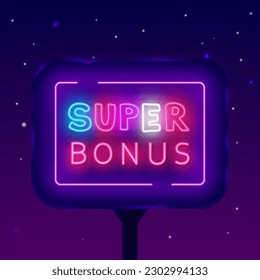 Super bonus neon street billboard. Purple frame. Glowing outdoor advertising. Casino and lottery emblem. Shiny banner. Winner and bingo concept. Vector stock illustration
