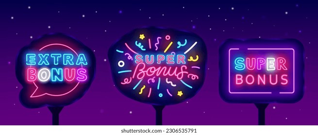 Super bonus neon street billboards collection. Confetti firework and geometric frame. Light outdoor advertising. Casino and lottery emblems set. Winner and bingo concept. Vector stock illustration