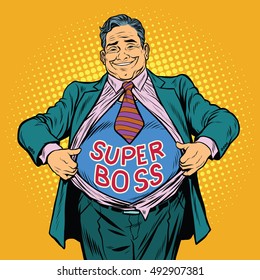 Super boss, a fat man businessman hero, pop art retro vector illustration. The chief breaks the suit, the gesture of a superhero