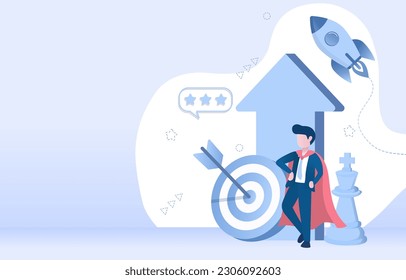 Super boss standing near darts represent business and leadership. Achieving goals, management, strategy thinking and tactical planning to achieve success. Vector illustration with copy space.