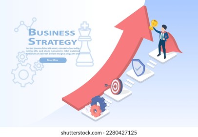 Super boss is standing on top of a stage, holding a trophy. Concept of a successful and accomplished leader achieve the company's goals and objectives. Isometric vector illustration.