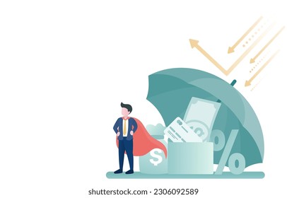 Super boss stands to protect money and investment with an umbrella reflecting arrow. Concept of financial protection and security. Flat vector illustration with copy space.