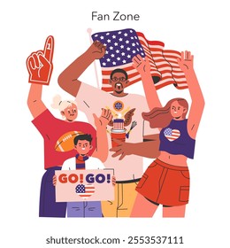 Super Bowl celebration concept. Enthusiastic fans with American flags and football symbols cheer together. Excitement at a sports event. Vector illustration.