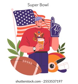 Super Bowl celebration concept. Enthusiastic fan with American flag, foam finger, and beer alongside football and helmet. Sports event spirit captured in a vector illustration.