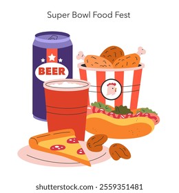 Super Bowl celebration concept. An illustration featuring snacks, beer, and a hot dog, capturing the festive spirit of game day. Vector illustration.