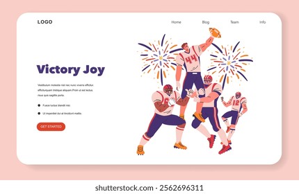 Super Bowl celebration concept. Joyful football players rejoice with fireworks, capturing the triumph and team spirit. Vector illustration.