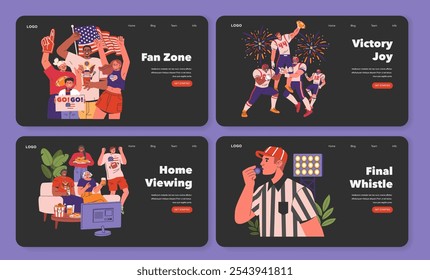 Comemoração do Super Bowl. Fãs torcem, os jogadores triunfam, a festa de visualização em casa e o árbitro sinaliza o fim do jogo. Momentos de futebol festivos e apaixonados. Ilustração vetorial.