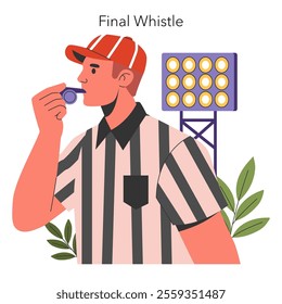 Super Bowl concept. A referee blowing the final whistle with a stadium light panel in the background. Decisive game moment on the field. Vector illustration.