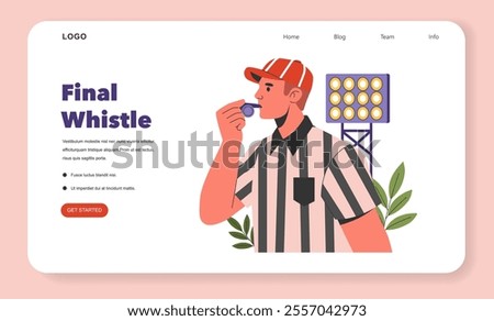 Super Bowl concept. Referee blowing whistle signaling end of game, scoreboard in backdrop. Gameplay regulation, sports event closure. Vector illustration.