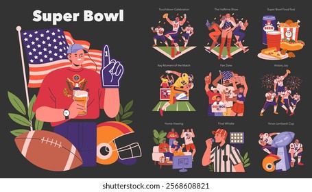 Super Bowl concept set. Celebratory moments, halftime show, food festivities, and iconic match highlights. Fan enthusiasm during home viewing and victory. Vector illustration.