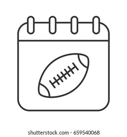 Super Bowl date linear icon. Thin line illustration. Calendar page with american football ball contour symbol. Vector isolated outline drawing