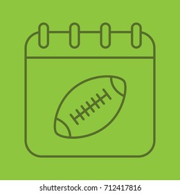 Super Bowl date linear icon. Calendar page with american football ball. Thin line outline symbols on color background. Vector illustration