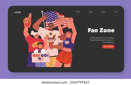 Super Bowl fans celebrate with snacks, flags, and cheers in an engaging website banner. Enthusiasm for football in the Fan Zone. Vector illustration.