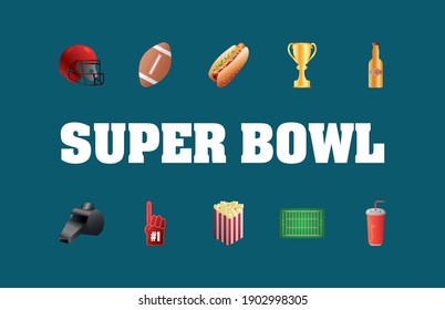 super bowl lettering with bundle of ten icons vector illustration design