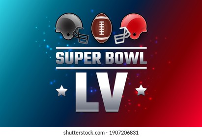 Banner del campeonato Super Bowl LV - equipos Super Bowl rojos y grises con fondo azul rojo - vector