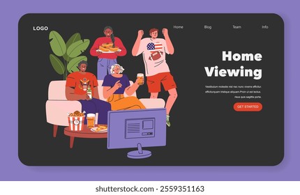 Super Bowl Party concept. Friends gather for football game viewing at home with snacks and drinks. Casual leisure, camaraderie, and excitement. Vector illustration.