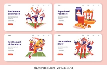 Super Bowl set. Celebratory moments and game day snacks. Halftime show excitement, touchdown joy, and crucial play action. Vector illustration.