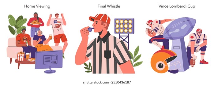 Super Bowl set. Fans celebrate at home, referee signals game end, trophy moment. Capturing the spirit of football's big game. Vector illustration.