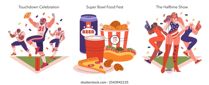 Super Bowl set. Football players celebratory dance, festive game day snacks, energetic halftime performance. Eventful expressions of sports culture. Vector illustration.