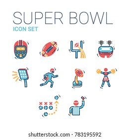 Super bowl sport games celebration icons. American football vector icon set including helmet, rugby, goal post, stadium, light, quarterback, award, cup, referee, strategy, cheerleader. 