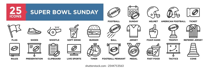 Super Bowl Sunday icon collection set. Containing design American Football Ball, Super Bowl Sunday, Football Helmet, American Football , Ticket