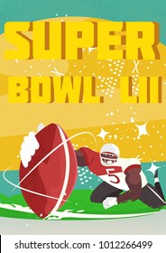 Super Bowl vector retro poster design. American football cartoon scene character. Sport people illustration. American football player in the action in stadium. -stock vector