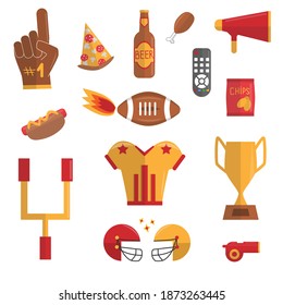 Super Bowl Vector Set. Sport Games Celebration, American Football, Soccer Concept. Fastfood For Super Bowl Party. Helmet, Whistle, Fan Glove, Cup, Pizza Slice, Chips, Beer Bottle, Megaphone, Foam