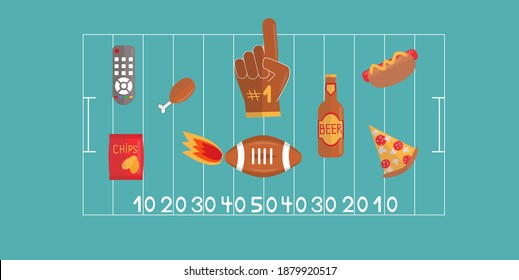 Super bowl vector set. Sport games celebration, american football concept. Fastfood for super bowl party. Fan glove, cup, pizza slice, chips, beer bottle, ball. Flat illustration with football field