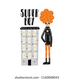Super boy. Cute vector illustration with lettering. Childish print