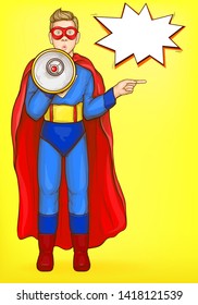 Super boy with loudspeaker. Power kid in hero costume with surprised wow face pointing with index finger aside, bubble speech on yellow background, Vector Illustration in retro pop art style