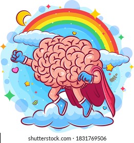 The super brain flies on the sky under the rainbow of illustration