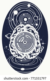 Super Brain and universe tattoo art. Artificial intelligence of the future tattoo. Symbol of psychology, philosophy, creativity, intelligence 