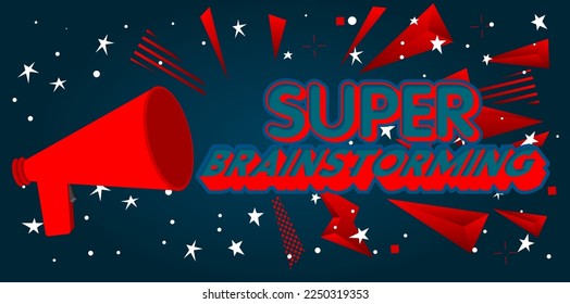 Super Brainstorming text with cartoon Megaphone. Vector Announcement illustration.
