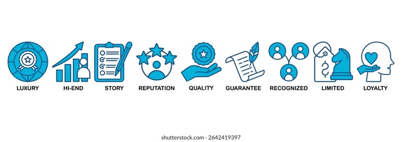 Super brand icon set vector illustration concept with icon of luxury, hi-end, story, reputation, quality, guarantee, recognized, limited and loyalty