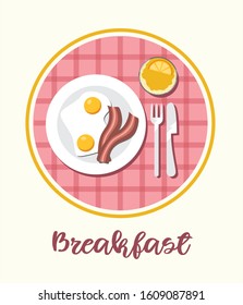 Super breakfast vector flat illustration made of glass of orange juice and scrambled eggs and bacon. So tasty