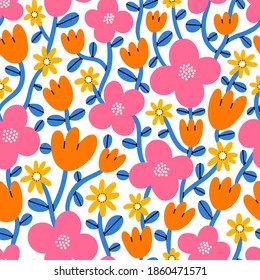 Super bright and colorful cartoon abstract flowers, vector seamless pattern