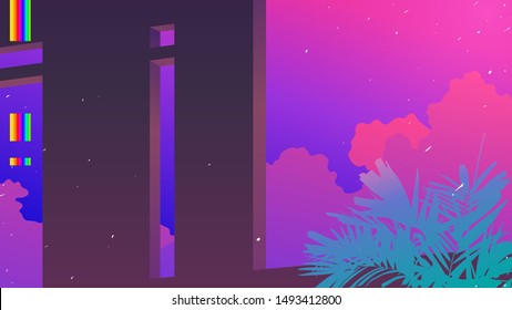 Super bright neon tropical palm and building structure shape with purple sky and cloud and light effects, surreal illustration - poster, cover design