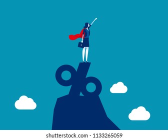 Super business businesswoman standing on the top of percentage sign. Concept business vector illustration, Leader or manager, Percent and Growth, Achievement.