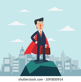 Super Business man. Cartoon superhero standing with cape waving in the wind. Successful hero businessman. Success, leadership and victory in business vector concept