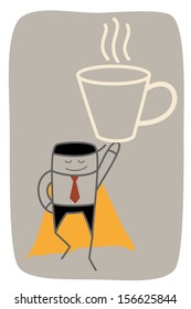 super business man get big mug of coffee power up on monday