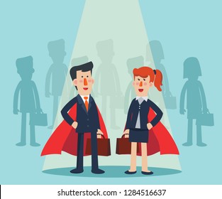 Super Business man and business woman. Cartoon superhero standing with cape waving in the wind. Successful hero businessman and businesswoman Success, leadership and victory in business vector concept