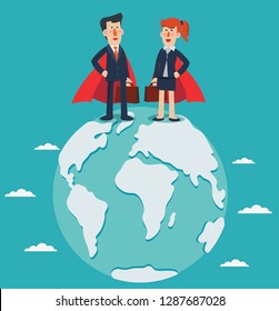 Super Business man and Business woman. Cartoon superhero standing with cape waving in the wind. Successful hero businessman and businesswoma. Success, leadership and victory in business vector concept