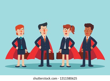 Super Business man and business woman. Cartoon superhero standing with cape waving in the wind. Successful hero businessman and businesswoman Success, leadership and victory in business vector concept