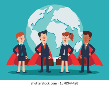 Super Business man and business woman. Cartoon superhero standing with cape waving in the wind. Successful hero businessman and businesswoman Success, leadership and victory in business vector concept