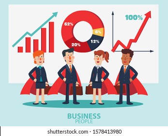 Super Business man and business woman. Cartoon superhero standing with cape waving in the wind. Successful hero businessman and businesswoman Success, leadership and victory in business vector concept