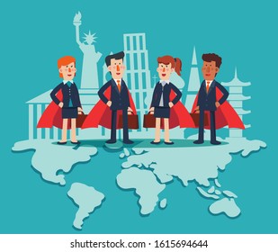 Super Business men and business women. Cartoon superhero standing with cape waving in the wind. Successful hero businessman and businesswoman Success, leadership and victory in business vector concept