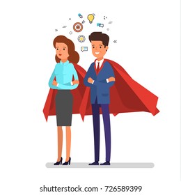Super business people. Cartoon business man and woman stands with arms crossed in a cloak of Superman. Business concept illustration.