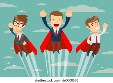 Super business team- businessmen in red capes flying upwards to their success. Stock vector illustration for poster, greeting card, website, ad, business presentation, advertisement design.