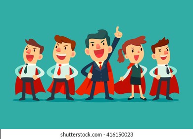 Super Business Team - Illustration Of Super Leader And Super Businessmen In Red Capes 