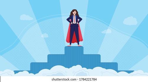 Super business woman character standing on pedestal at background with glory rays, flat vector illustration. Success in career and progress in personal growth image.